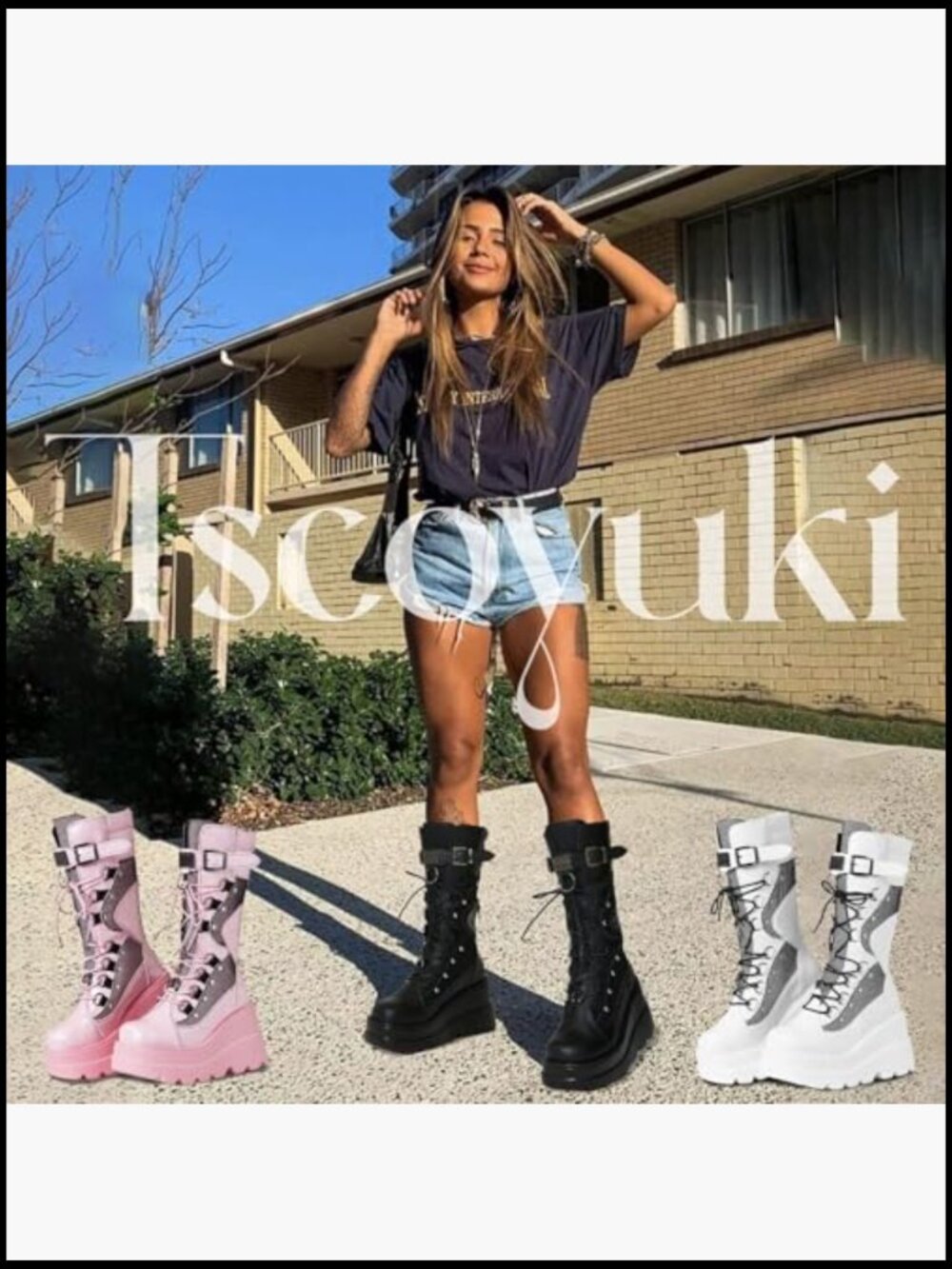 Platform Combat Boots Chunky Wedge Heel Lace Up and Zipper Mid Calf Concerts - Picture 2 of 6